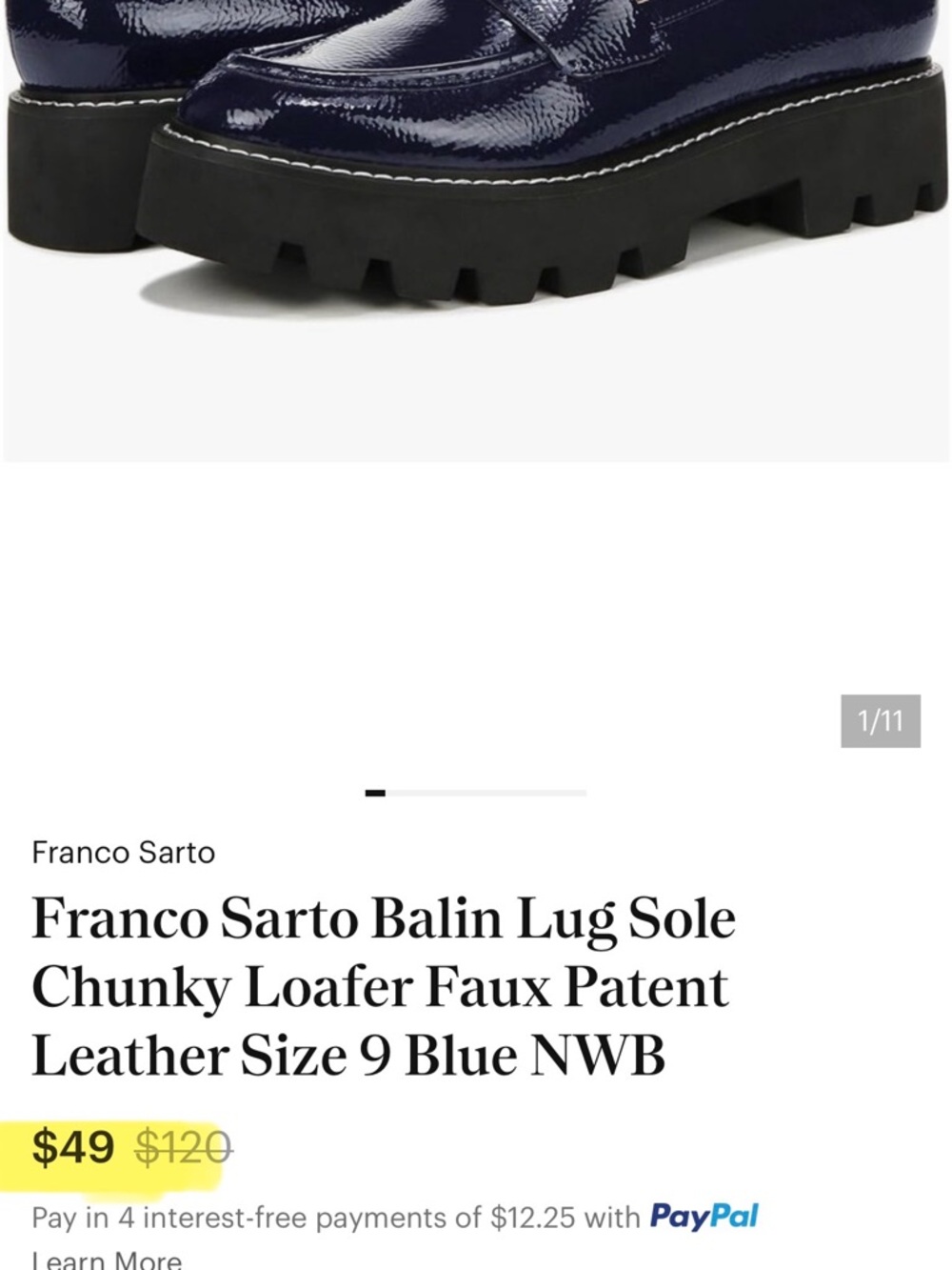 FRANCO SARTO SZ 7.5 “Balín”Faux Patent Leather Lug Sole Loafers - Navy - Picture 8 of 12